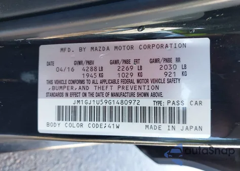 2016 Mazda Mazda6 I Sport z USA, uszkodzony, nr VIN JM1GJ1U59G1480972